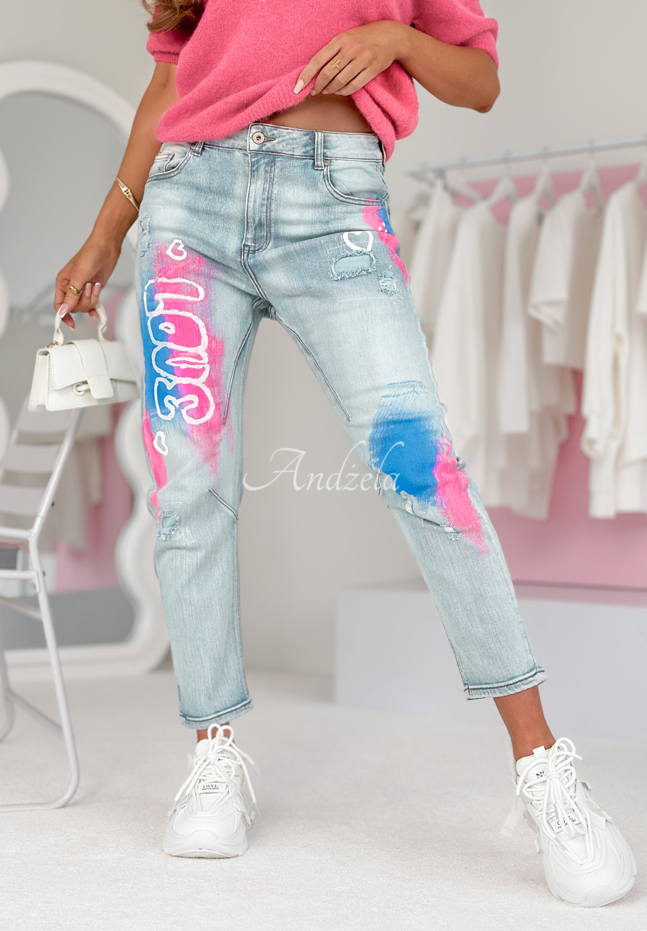 Denim-Hose mit Prints Love For All Hellblau