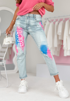 Denim-Hose mit Prints Love For All Hellblau