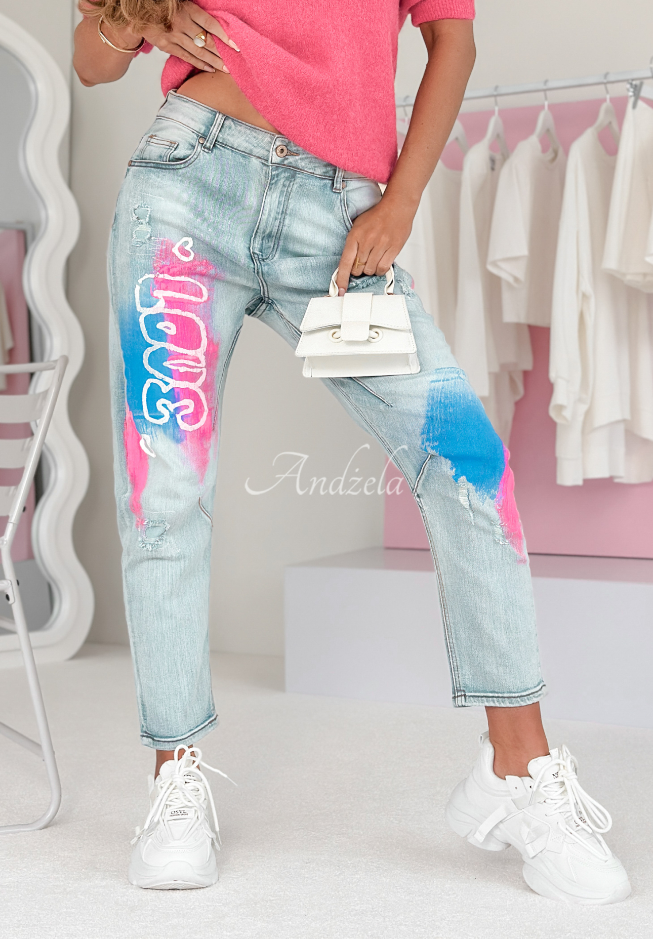 Denim-Hose mit Prints Love For All Hellblau