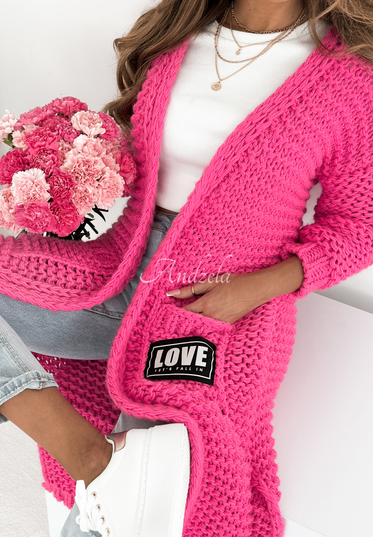 Lange Strickjacke oversize Love For Me Rosa