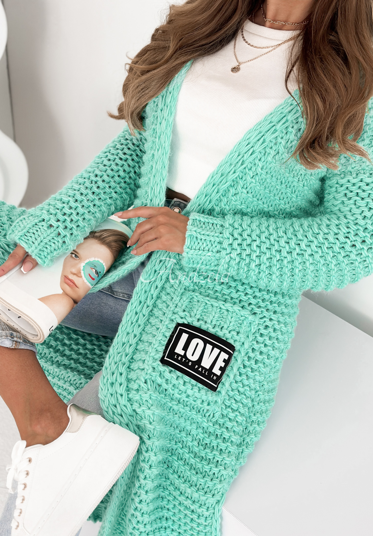 Lange Strickjacke oversize Love For Me Türkis