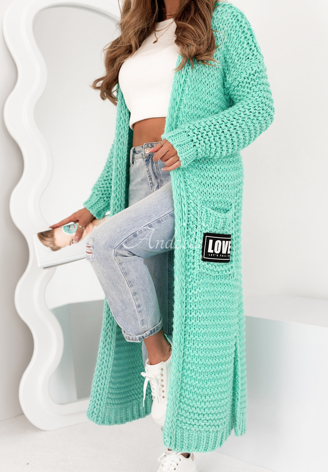 Lange Strickjacke oversize Love For Me Türkis