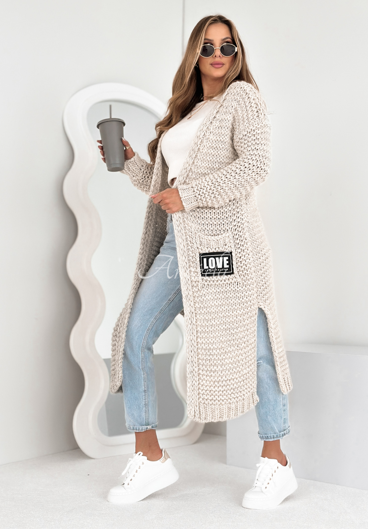 Lange Strickjacke oversize Love For Me Grau