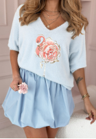 Pullover alpaka z nadrukiem Flower Flamingo Himmelblau