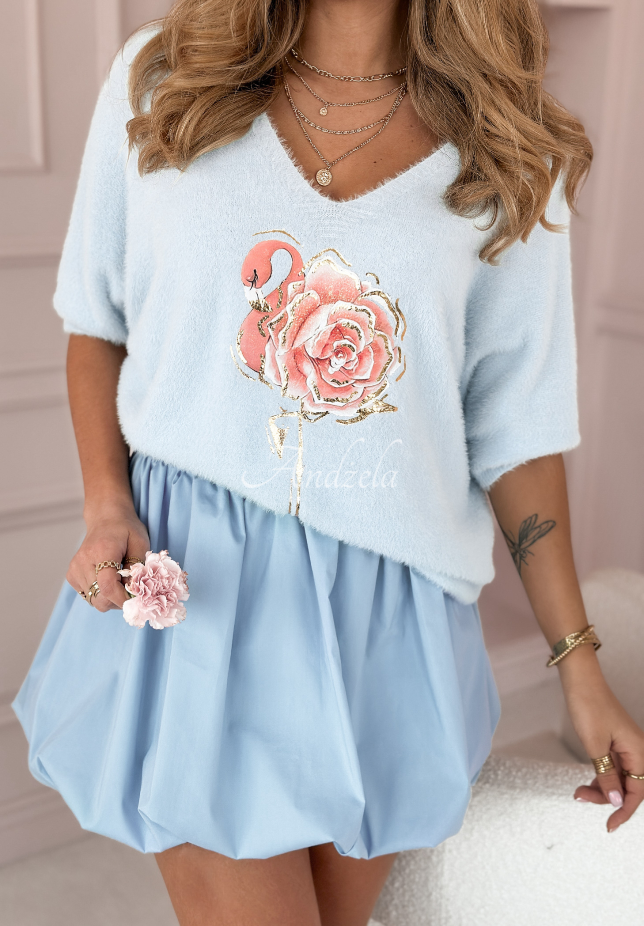 Alpaka-Pullover mit Print Flower Flamingo Himmelblau