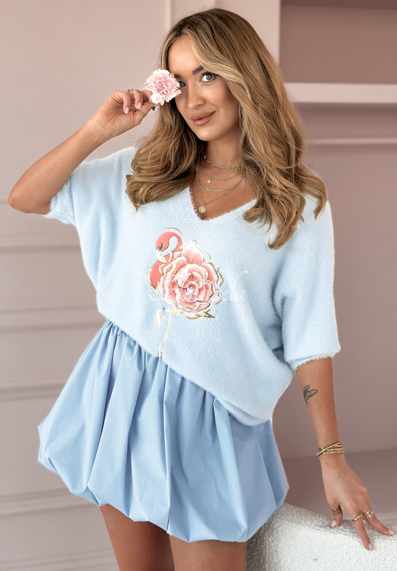 Alpaka-Pullover mit Print Flower Flamingo Himmelblau