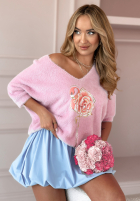 Pullover alpaka z nadrukiem Flower Flamingo Rosa