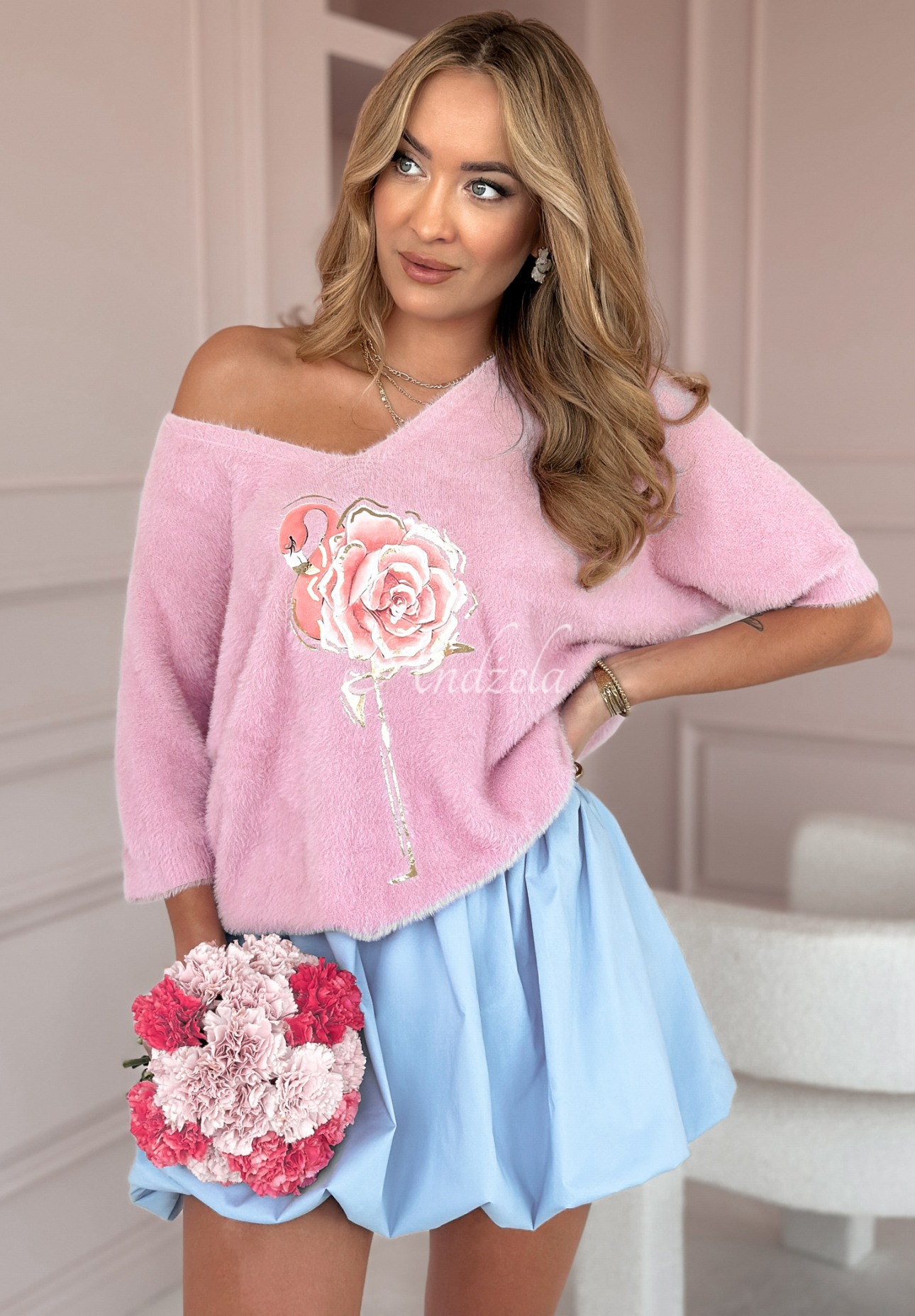 Alpaka-Pullover mit Print Flower Flamingo Rosa