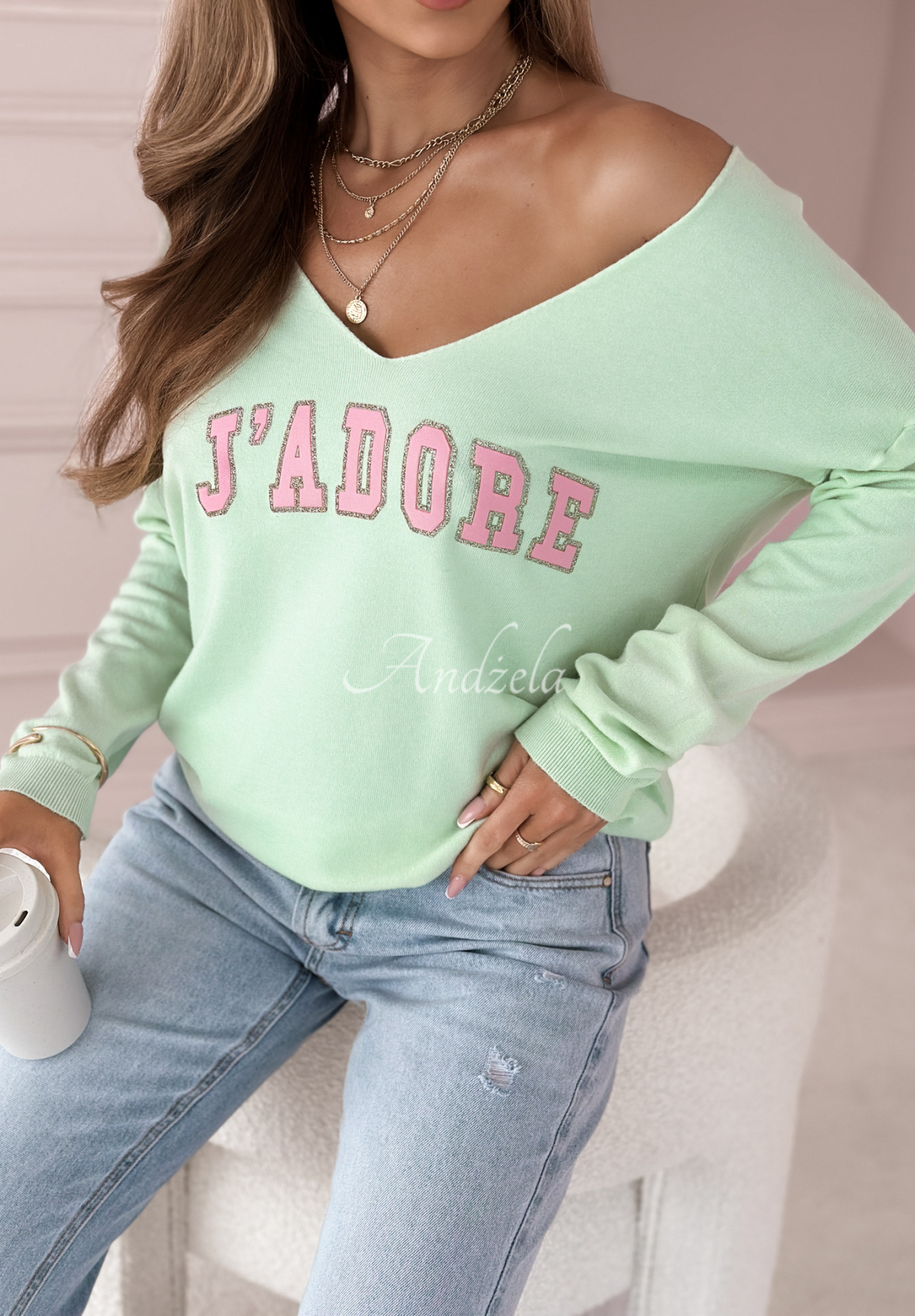 Leichter Pullover mit Aufschrift J&#039;adore Mintgrün