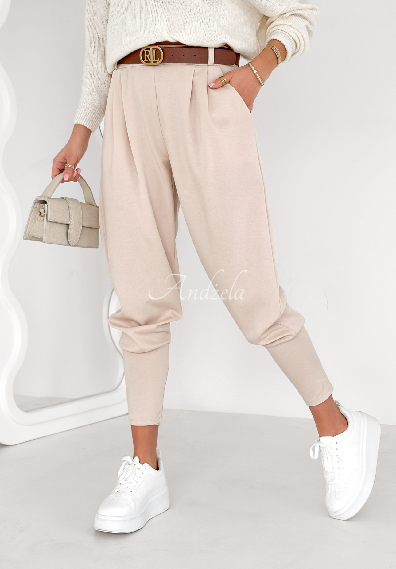 The First Try light beige fabric butter pants