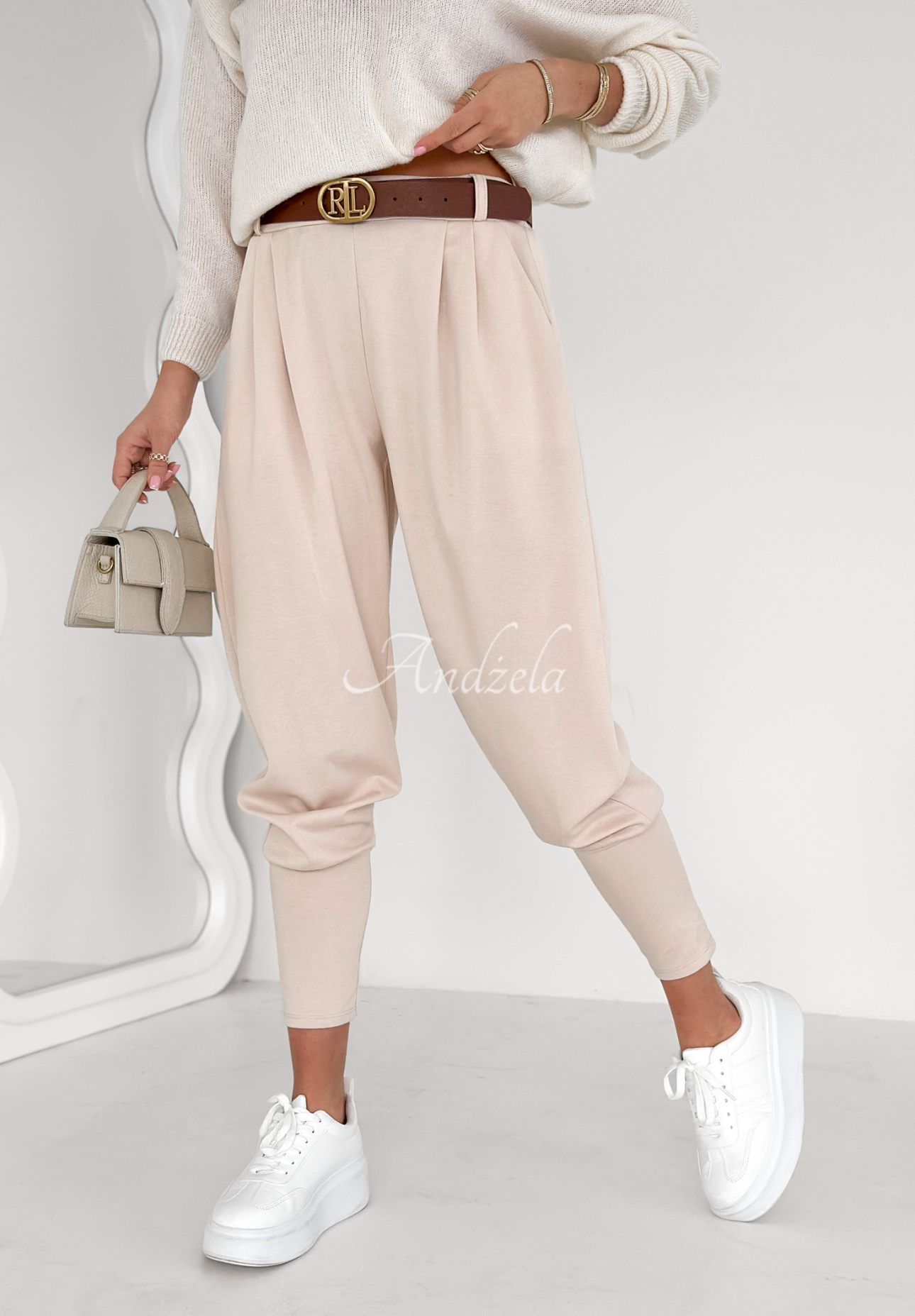 The First Try light beige fabric butter pants