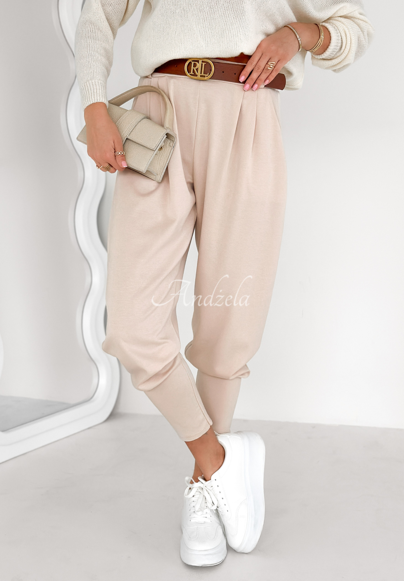 The First Try light beige fabric butter pants