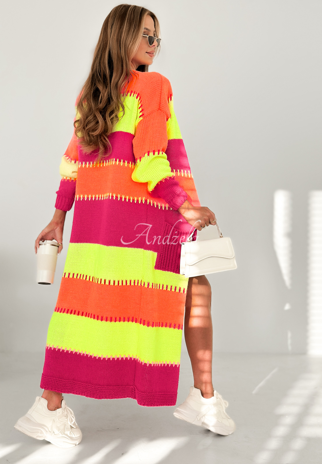 Langer gesreifter Cardigan Close To You fuchsia-orange