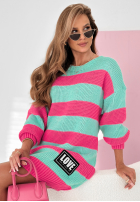 Długi Pullover oversize w paski Meant To Be turkusowo-Rosa