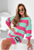 Długi Pullover oversize w paski Meant To Be turkusowo-Rosa