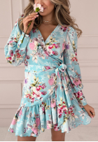 Kopertowa sukienka z bufkami Asla w kwiaty błękitna