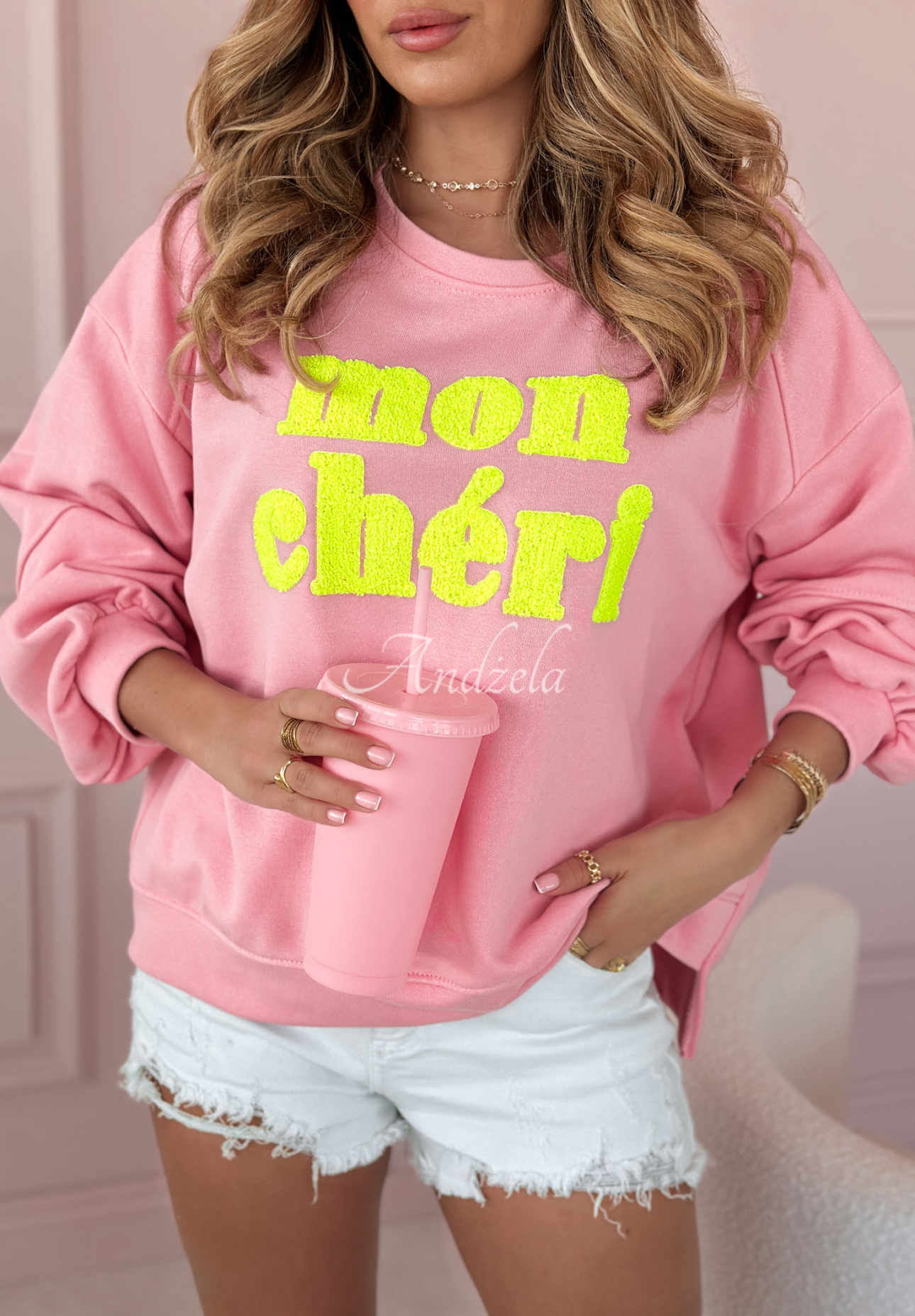 Sweatshirt mit Aufschrift Mon Cheri Amour Rosa