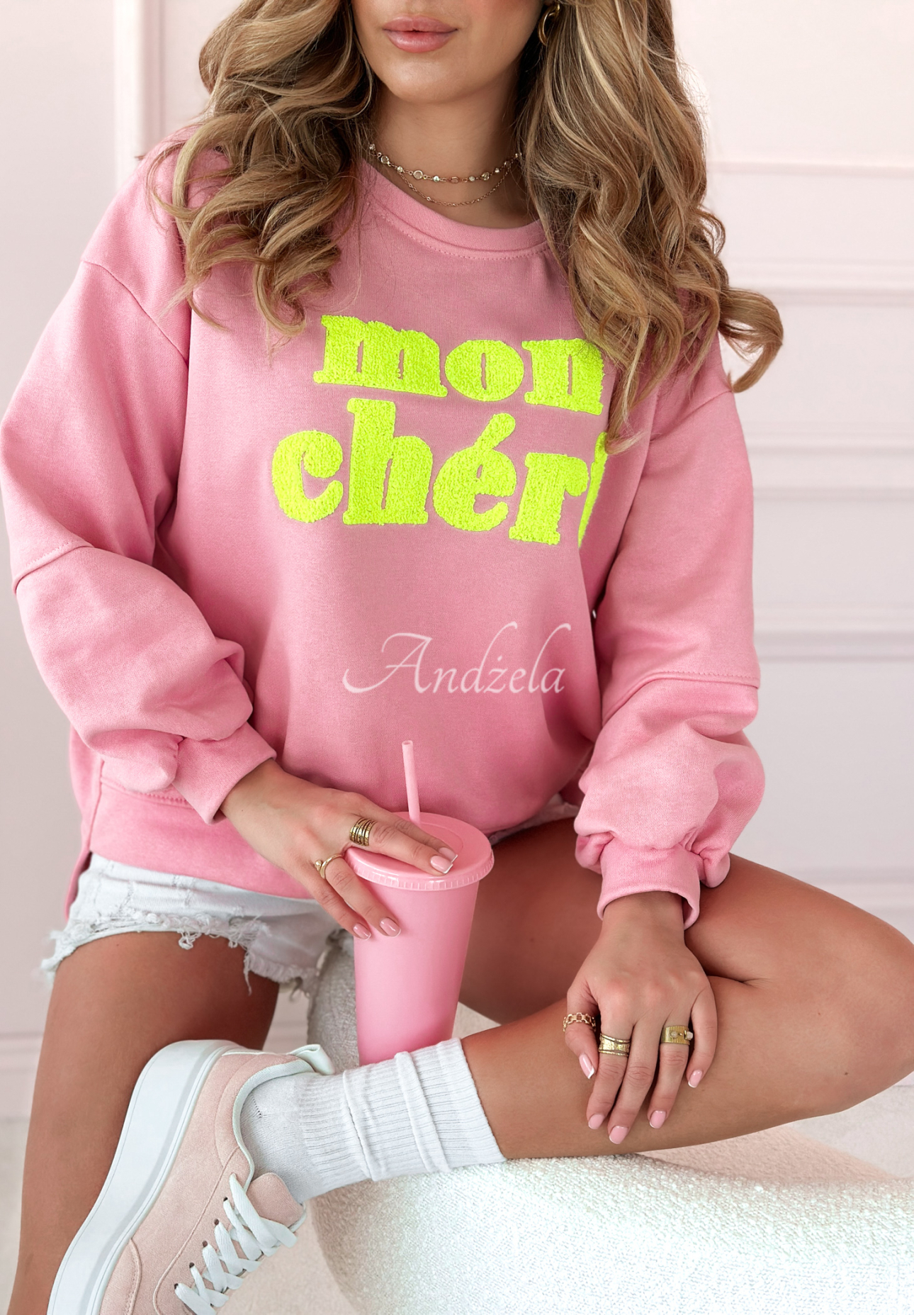 Sweatshirt mit Aufschrift Mon Cheri Amour Rosa