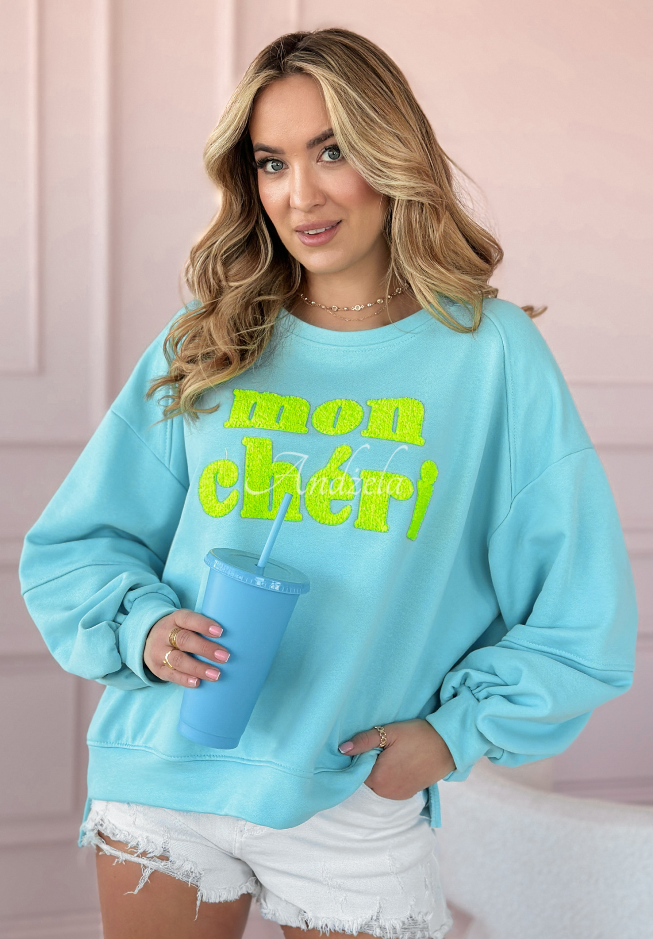 Sweatshirt mit Aufschrift Mon Cheri Amour Blau