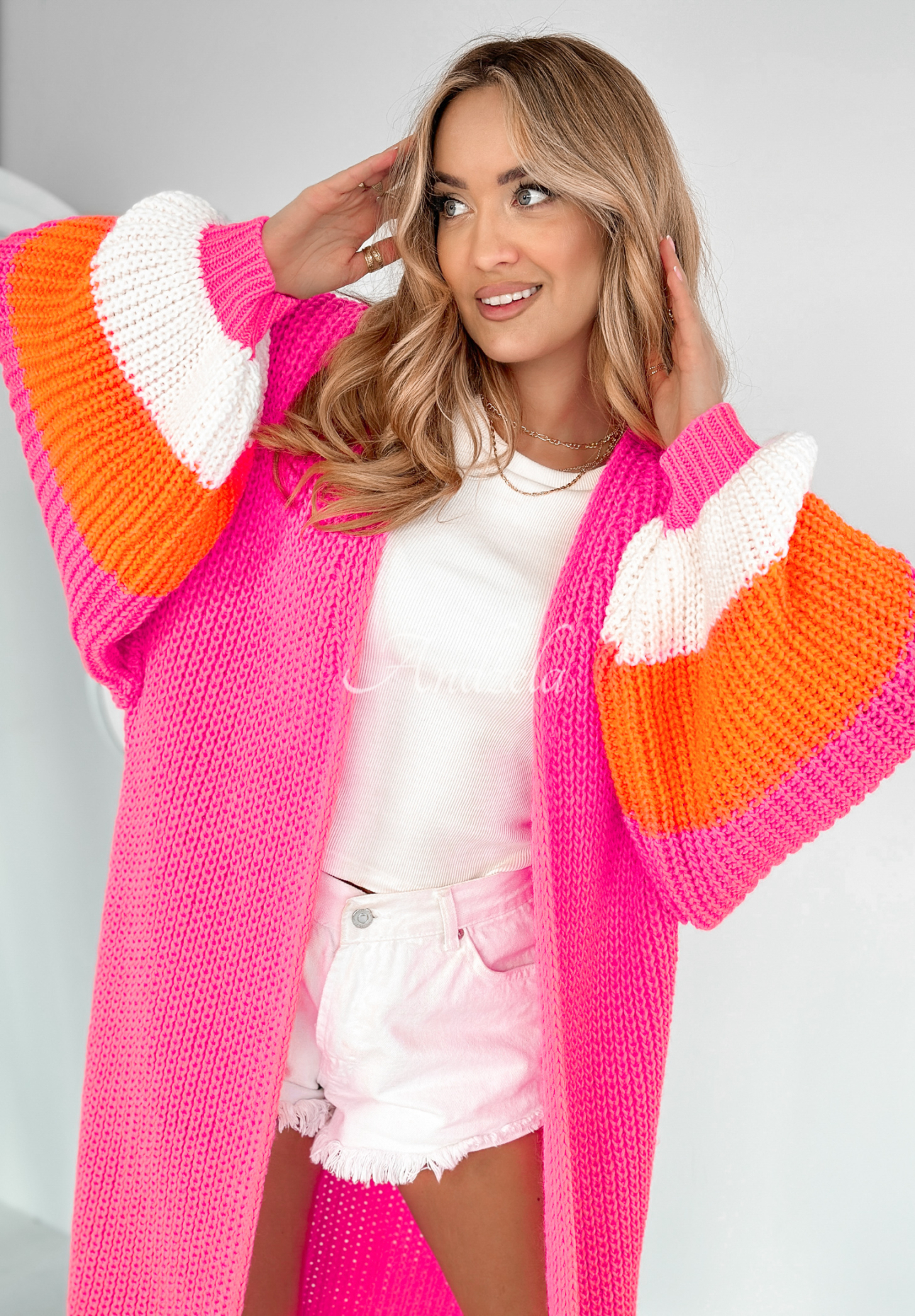 Langer Oversize-Cardigan mit Puffärmeln Broadway Rosa