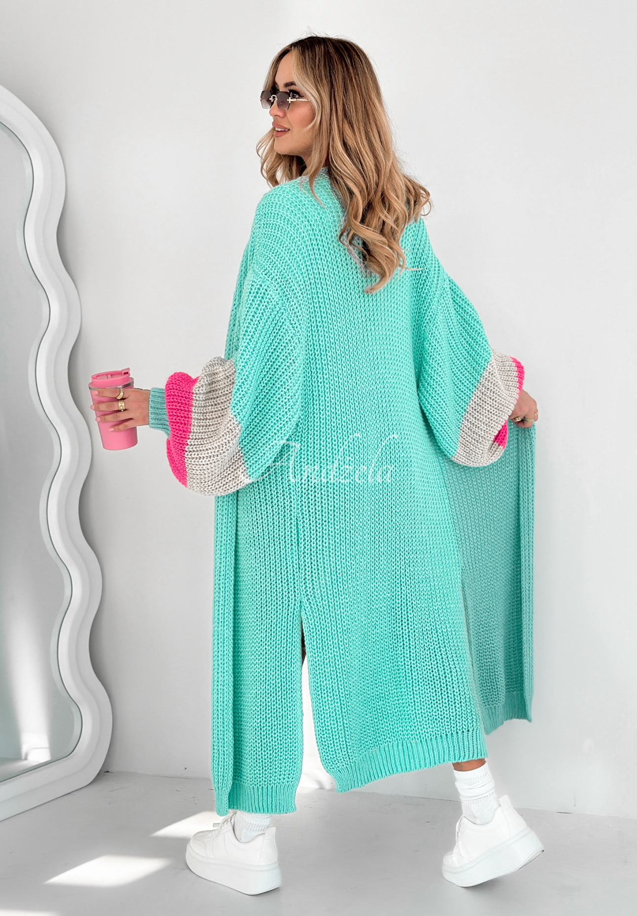 Langer Oversize-Cardigan mit Puffärmeln Broadway Türkis