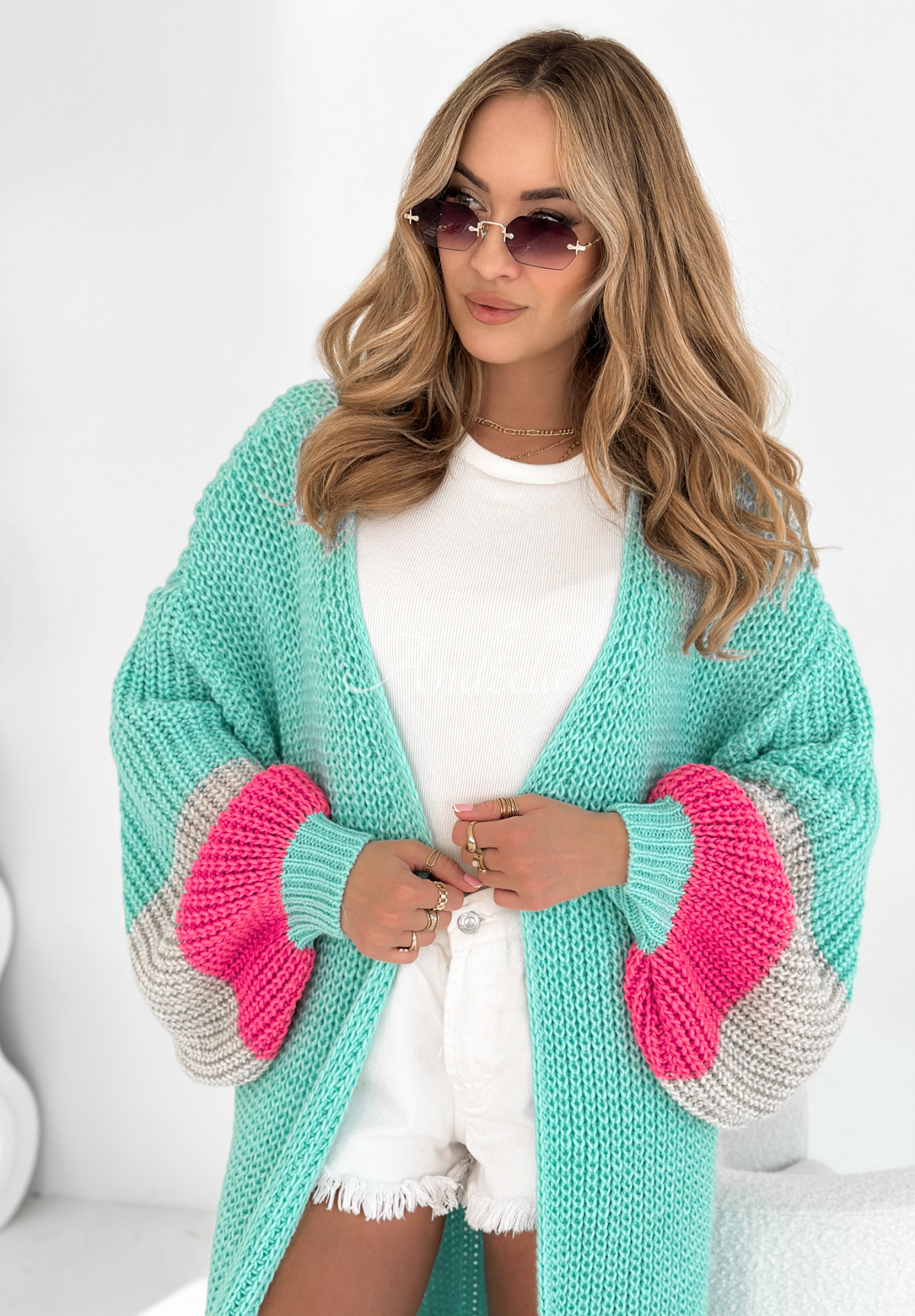 Langer Oversize-Cardigan mit Puffärmeln Broadway Türkis