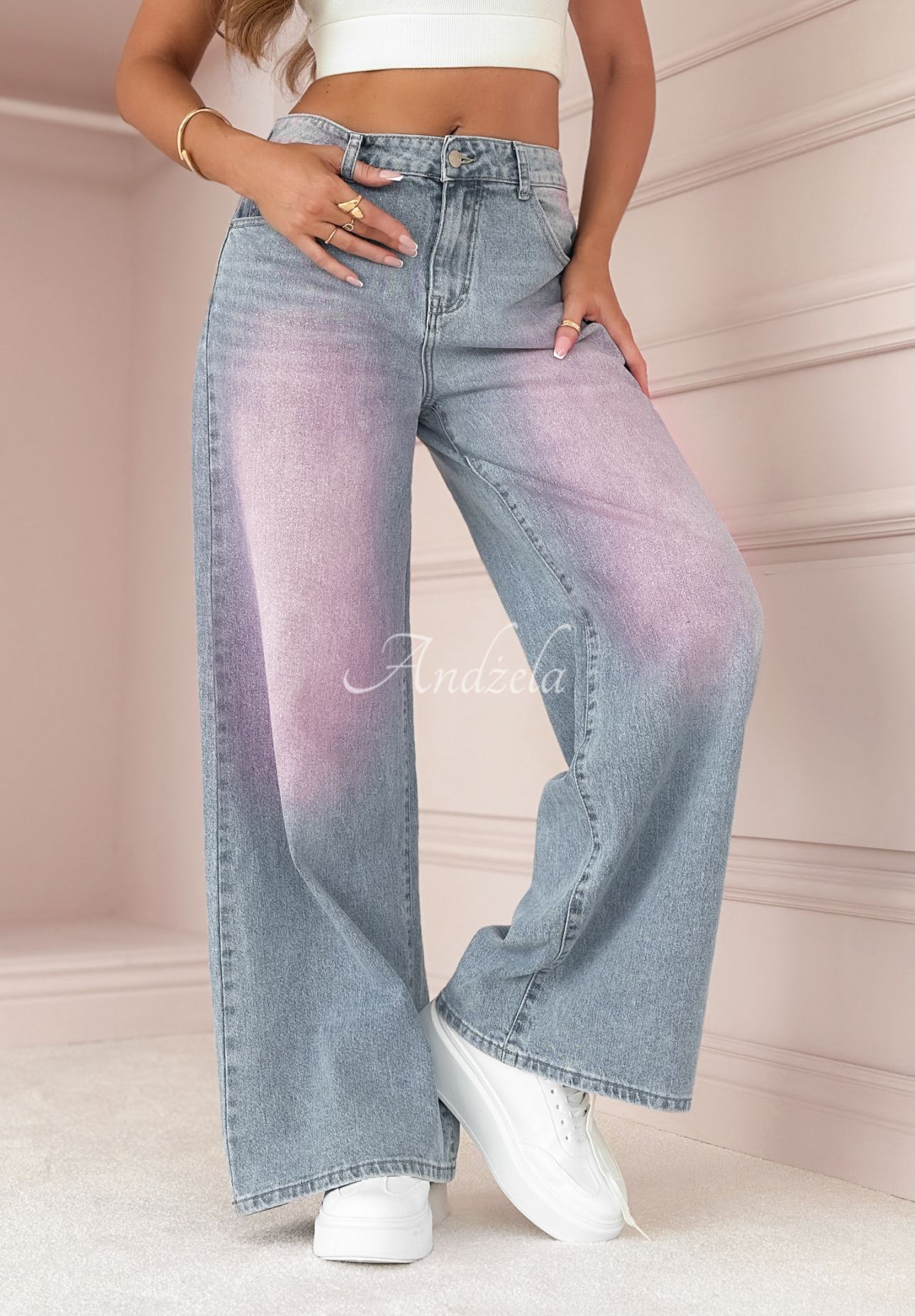 Denim-Hose wide leg Focus On The Light blau-rosa