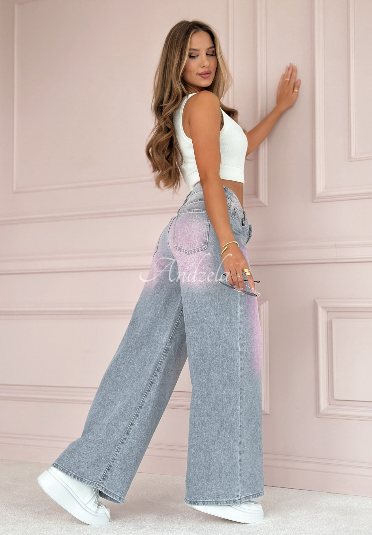 Denim-Hose wide leg Focus On The Light blau-rosa