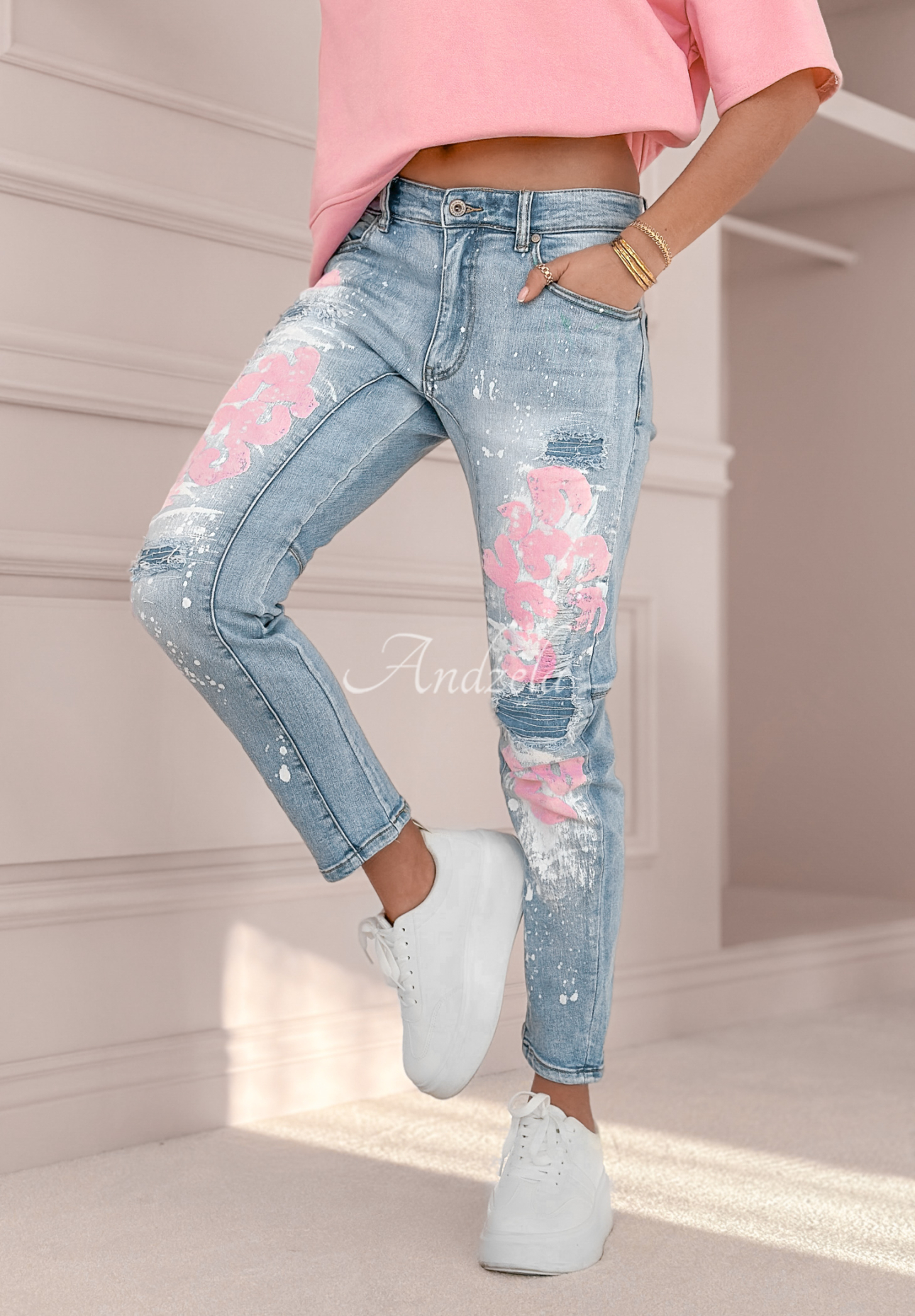 Denim-Hose mit Print Bright And Cheerful Blau