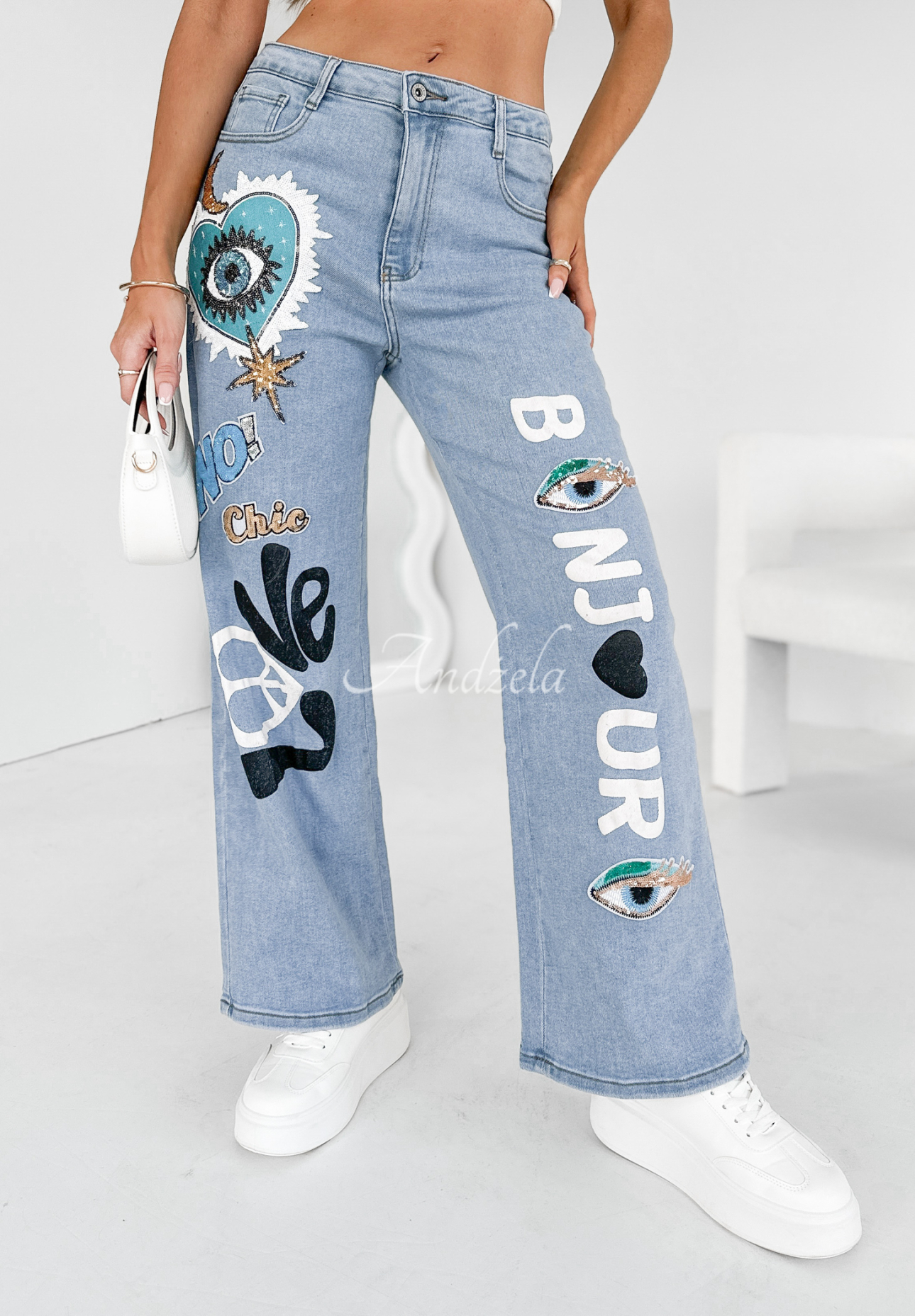 Denim-Hose mit Aufnähern Bonjour Chic Blau