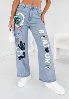 Denim-Hose mit Aufnähern Bonjour Chic Blau