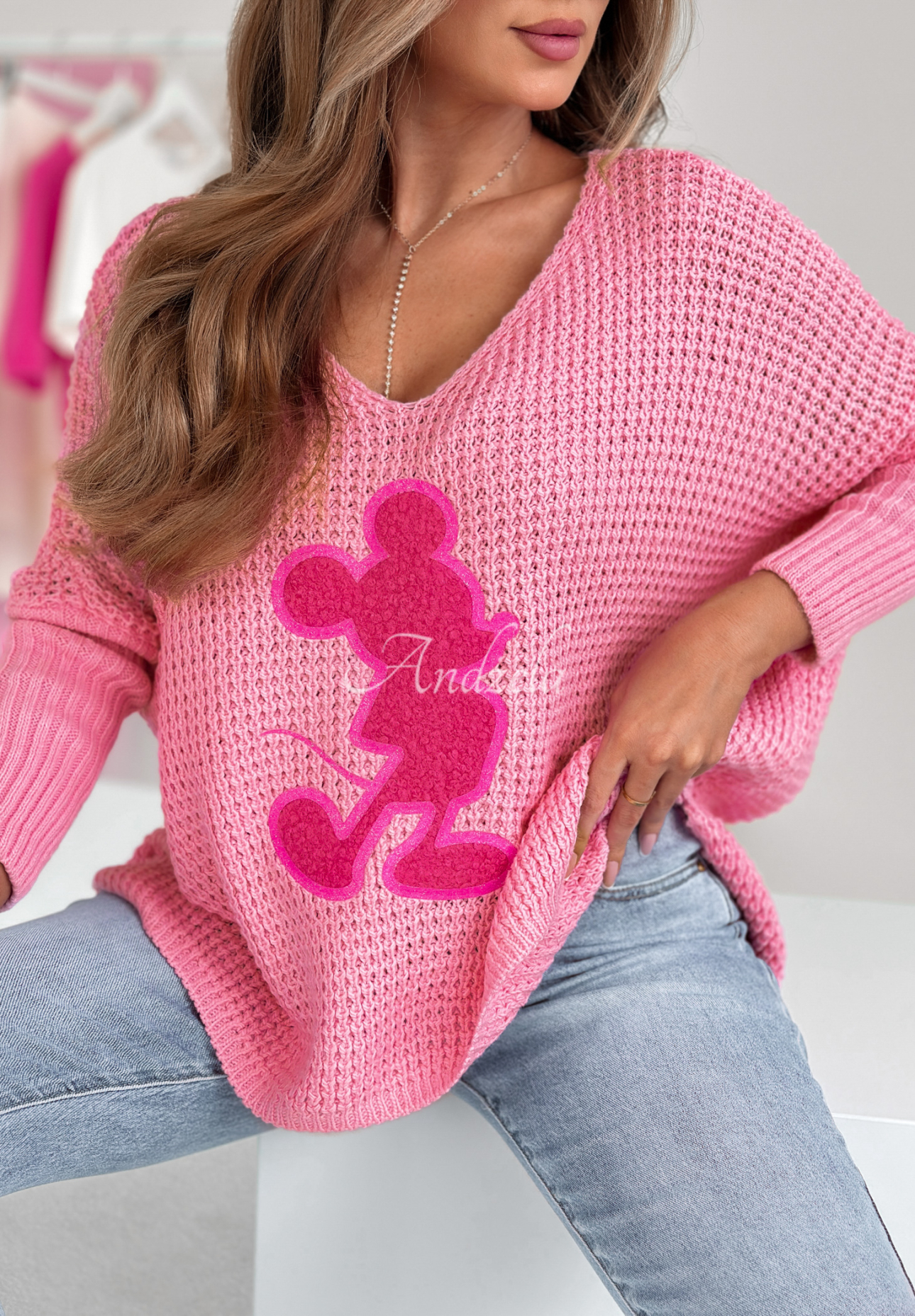 Oversize-Pullover mit Applikation Mice Style Dunkelrosa