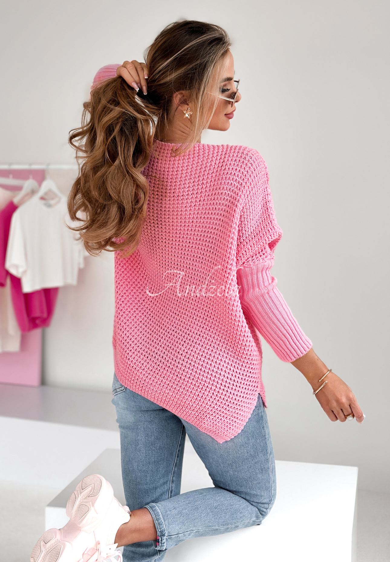 Oversize-Pullover mit Applikation Mice Style Dunkelrosa