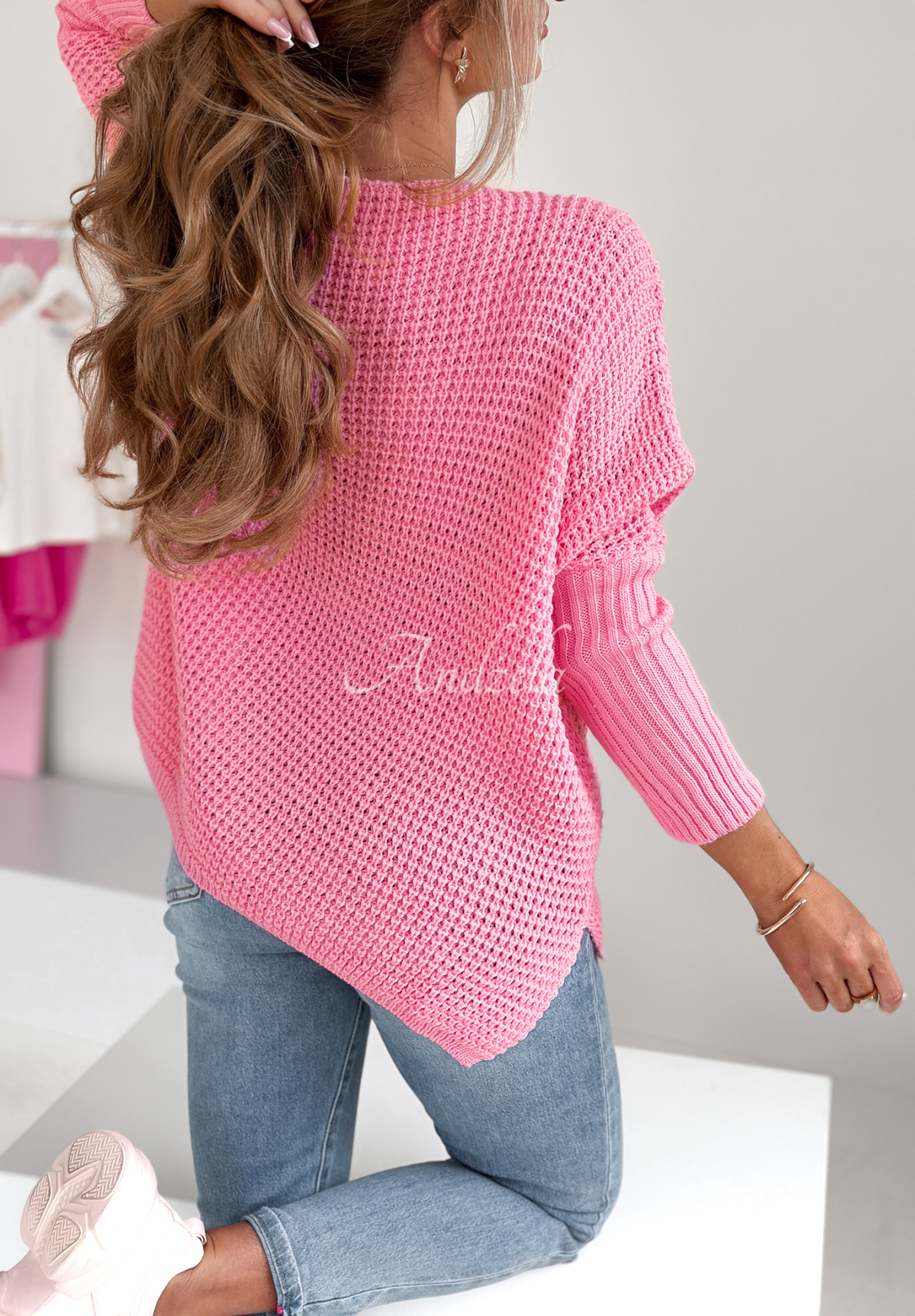 Oversize-Pullover mit Applikation Mice Style Dunkelrosa