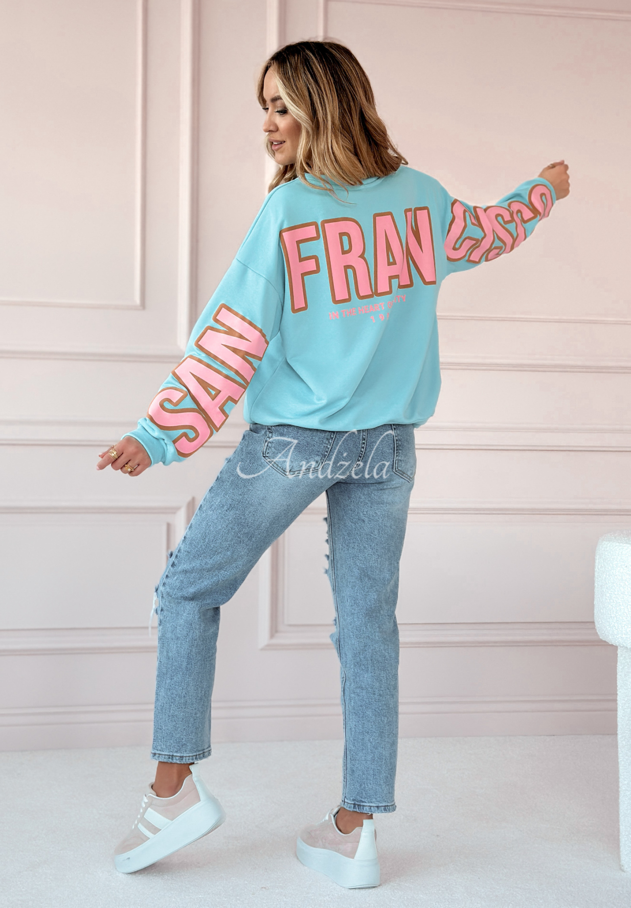 Oversize Sweatshirt mit Print San Francisco blau-rosa