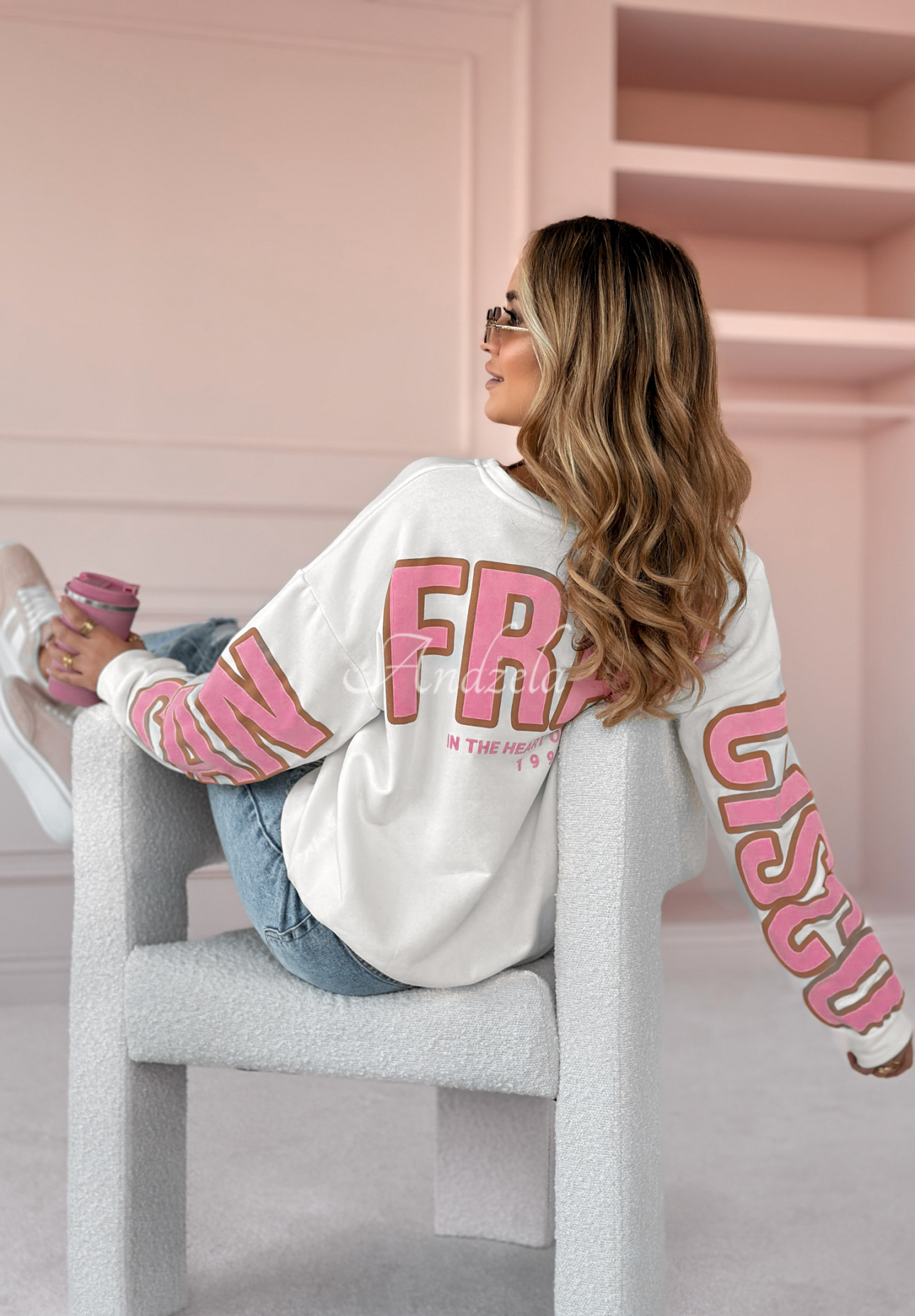 Oversize Sweatshirt mit Print San Francisco weiß-rosa