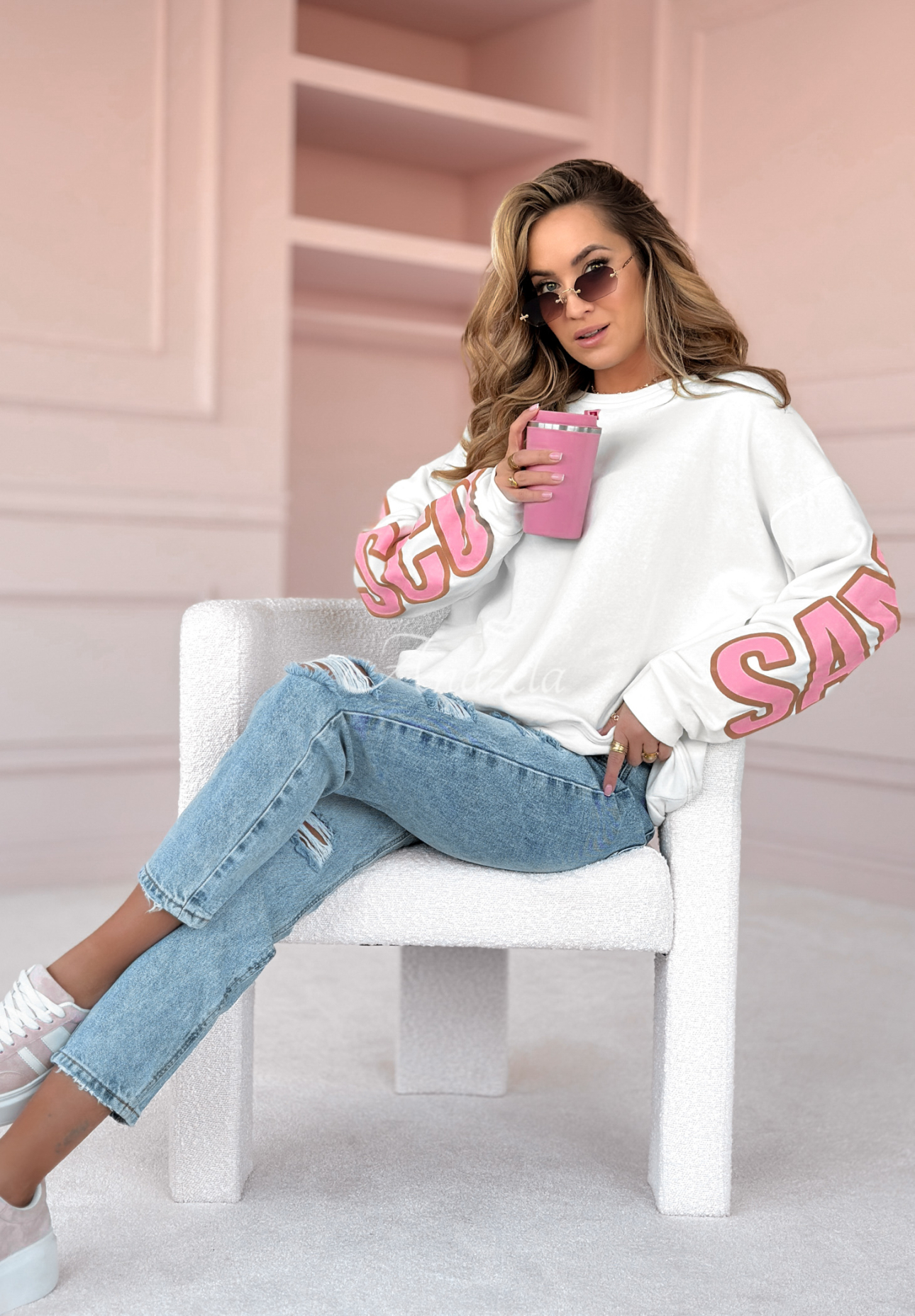 Oversize Sweatshirt mit Print San Francisco weiß-rosa