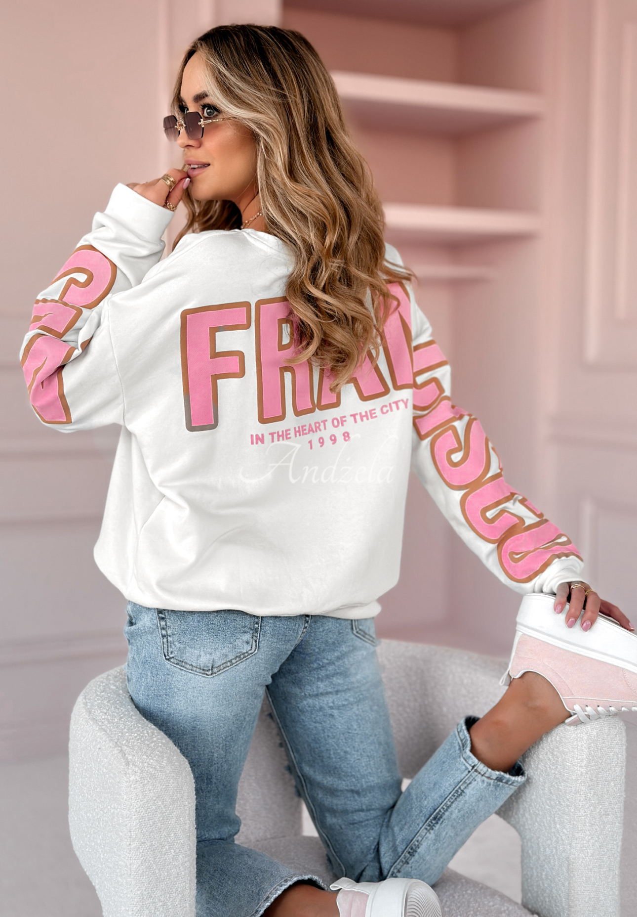 Oversize Sweatshirt mit Print San Francisco weiß-rosa