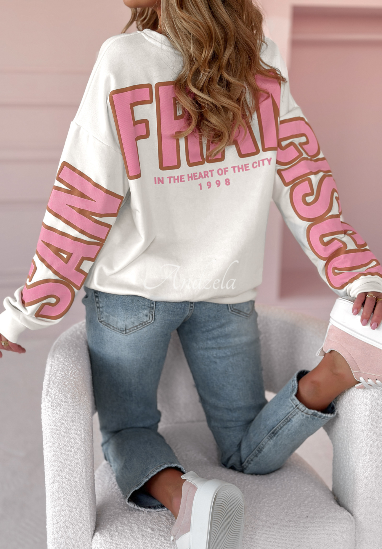 Oversize Sweatshirt mit Print San Francisco weiß-rosa