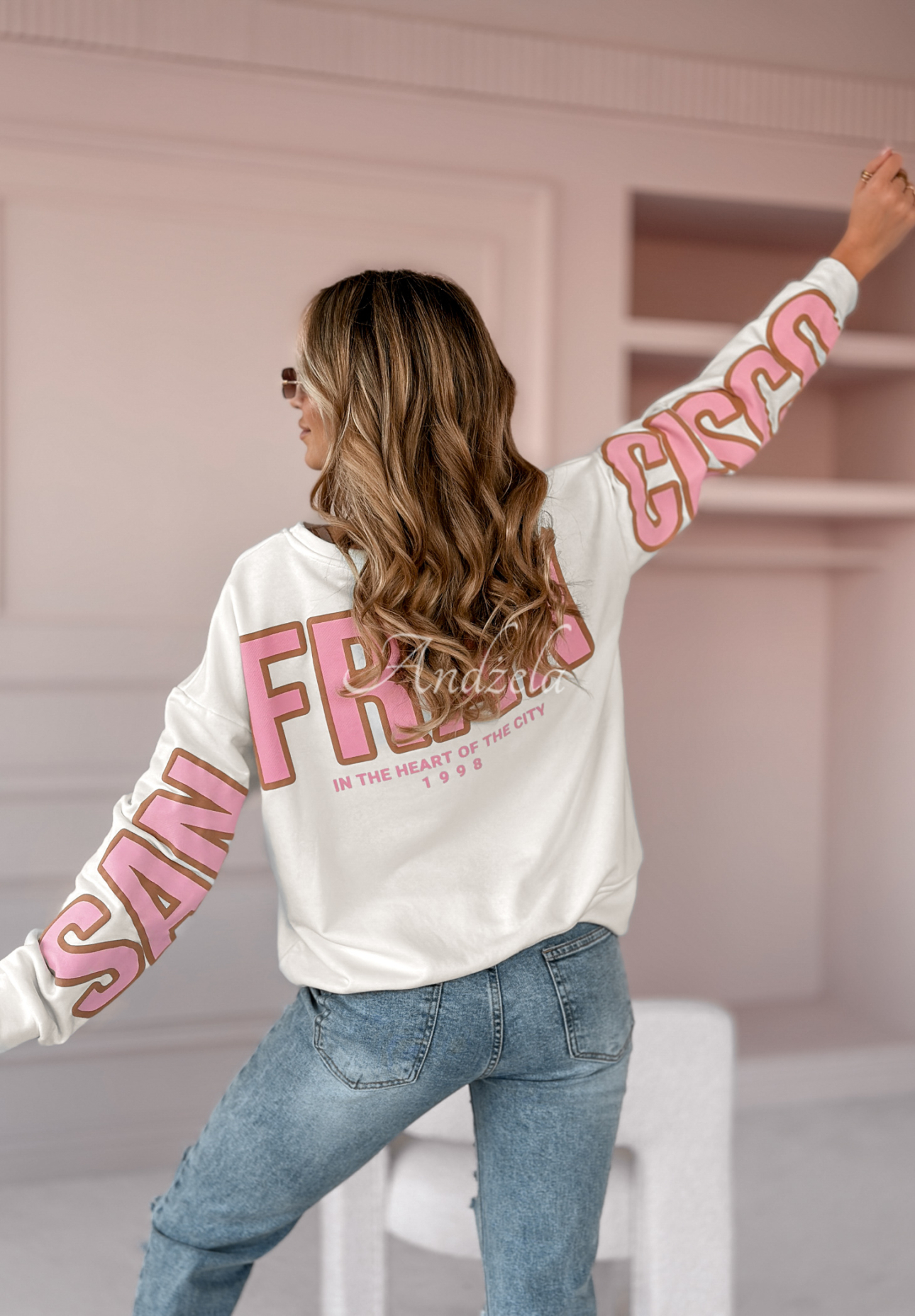 Oversize Sweatshirt mit Print San Francisco weiß-rosa