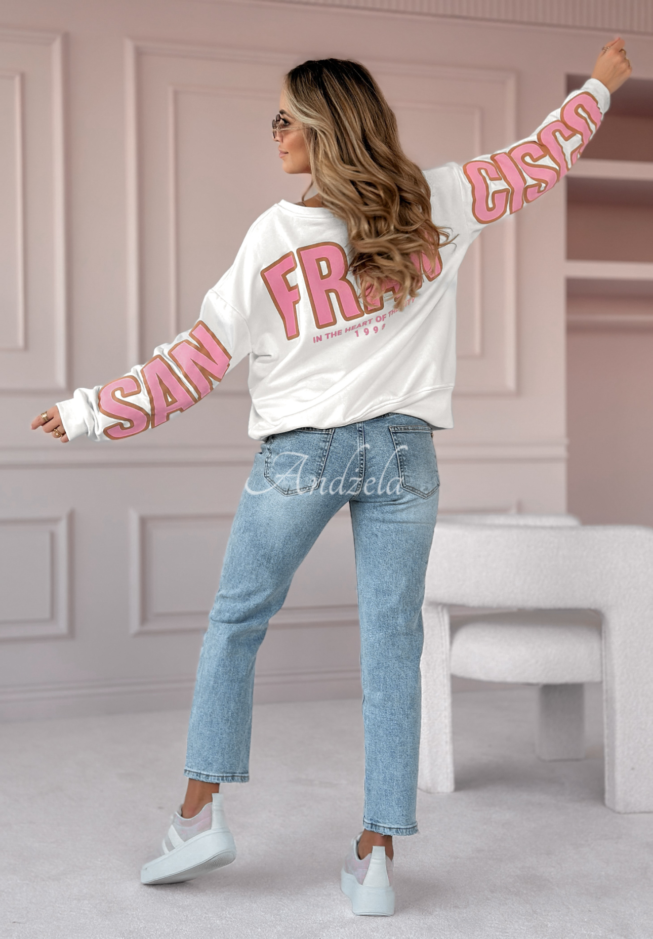 Oversize Sweatshirt mit Print San Francisco weiß-rosa