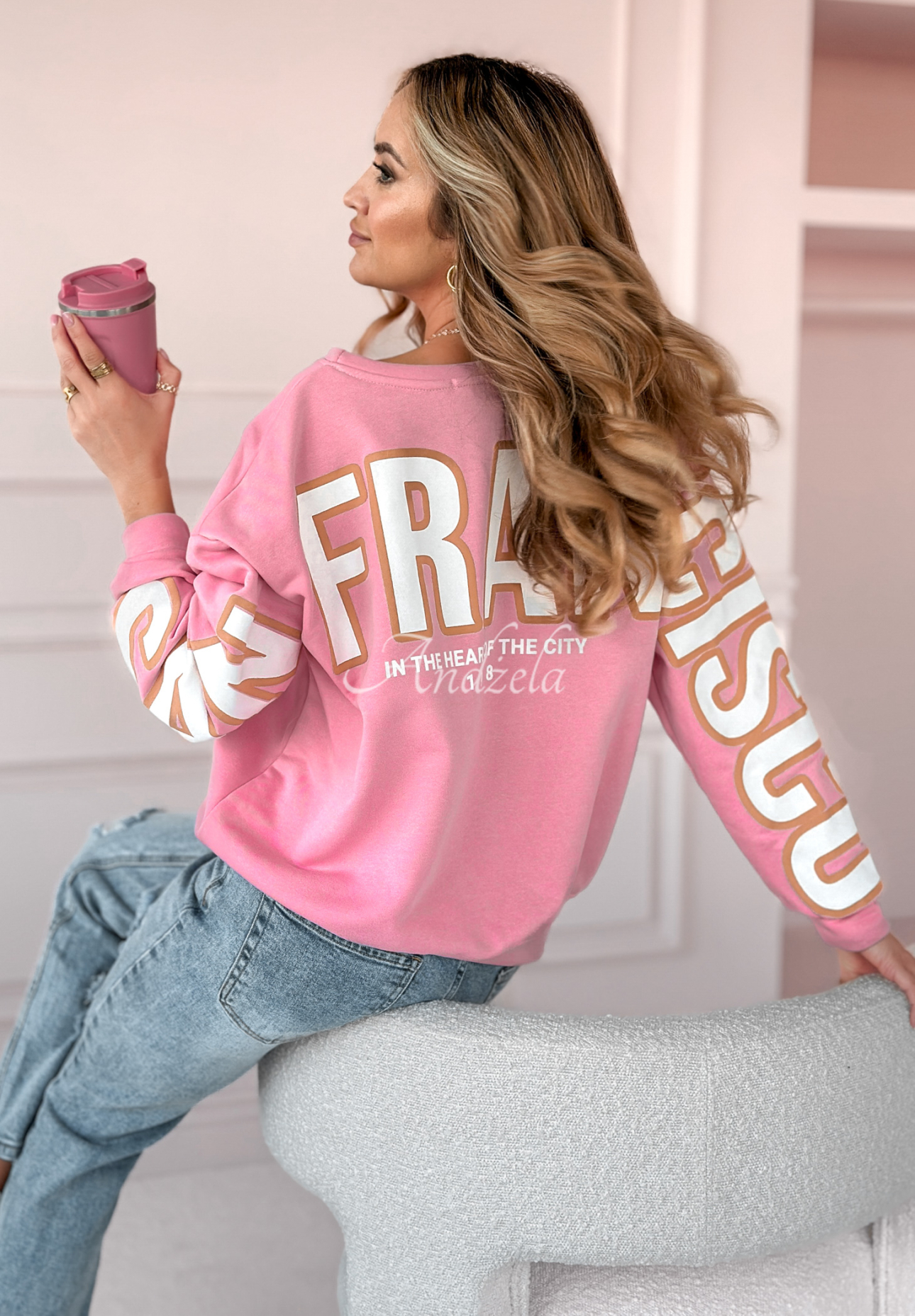 Oversize Sweatshirt mit Print San Francisco rosa-weiß