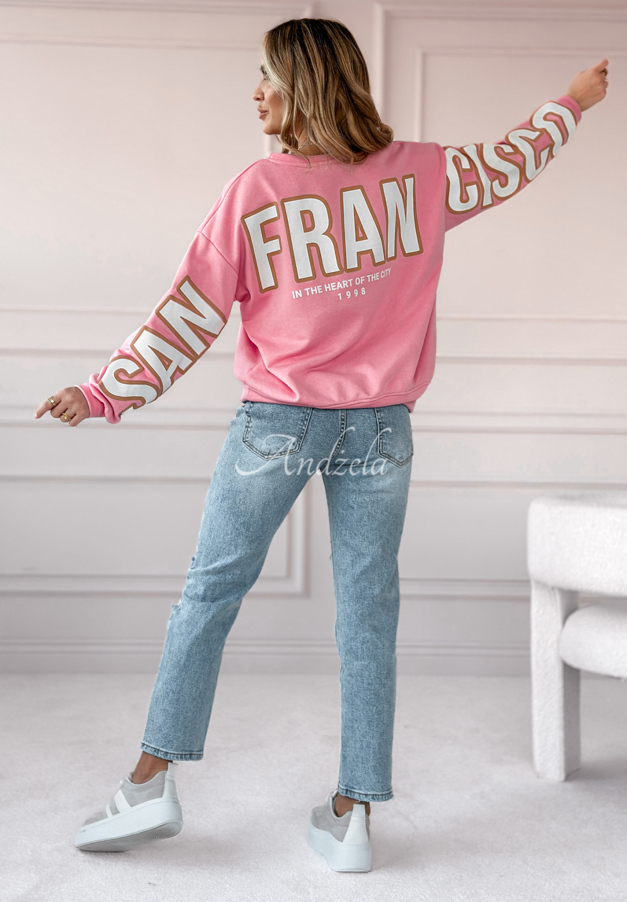 Oversize Sweatshirt mit Print San Francisco rosa-weiß