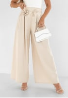 Material Hose wide leg z różą Make Me Happier Beige