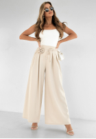 Material Hose wide leg z różą Make Me Happier Beige