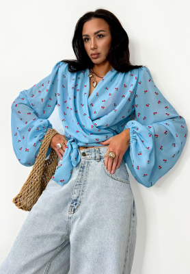 Wickelbluse mit Kirschen La Milla Sweet Cherry Blau