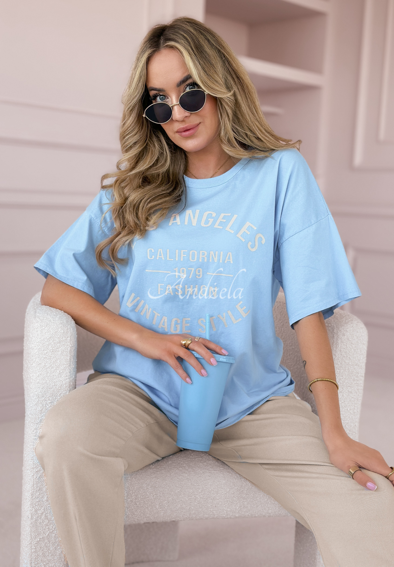 T-Shirt mit Print LA Vintage Style Himmelblau