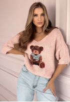 Pullover oversize z misiem Bear Signature Puderrosa