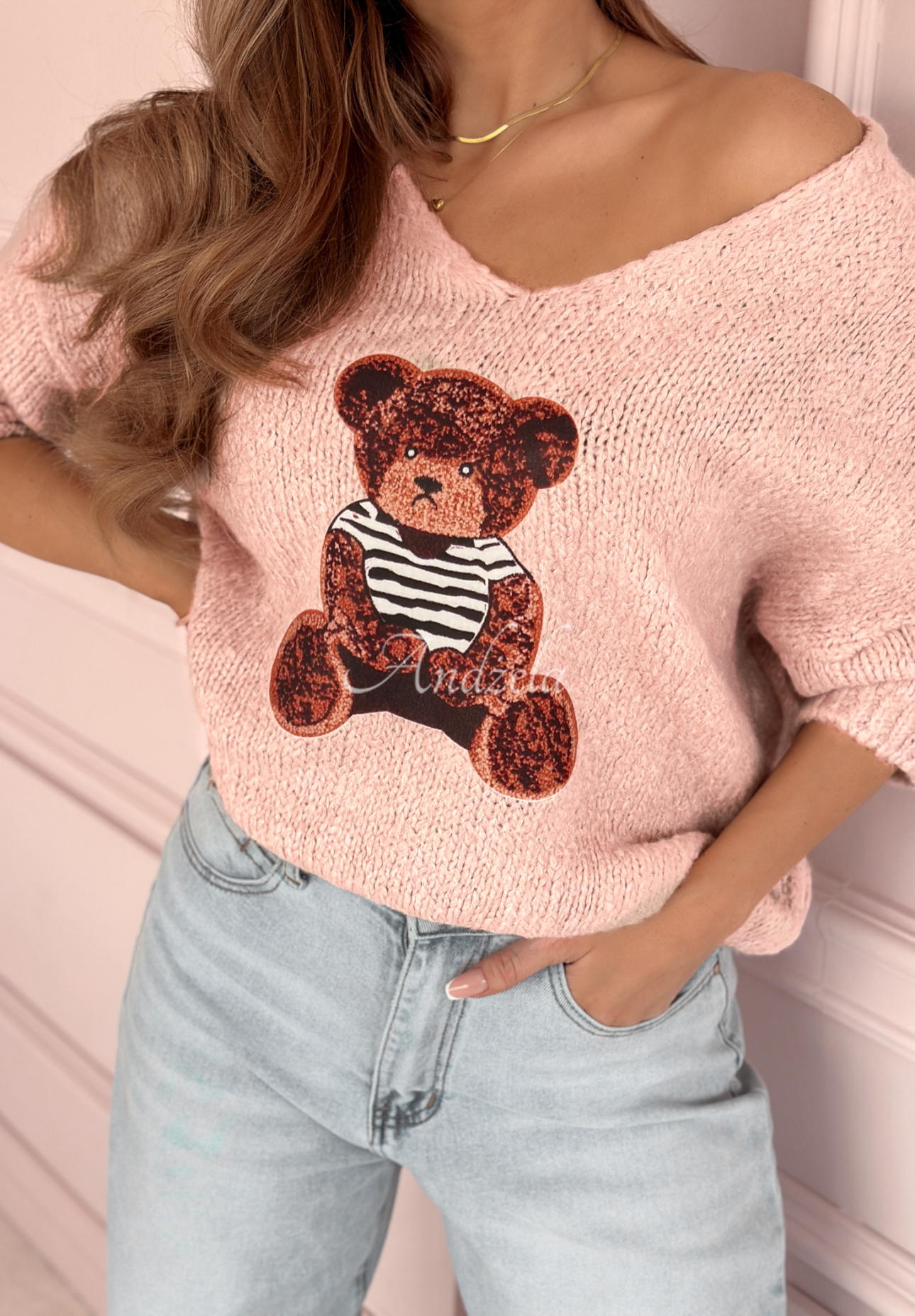 Oversize-Pullover mit Teddybär Bear Signature Puderrosa