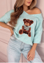 Pullover oversize z misiem Bear Signature Himmelblau